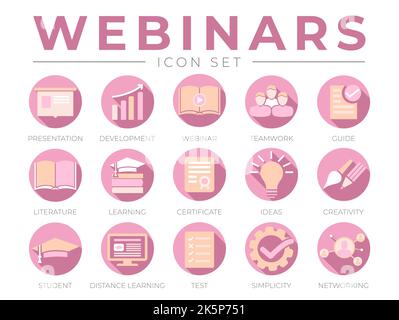 Feminine Webinar Icon Set for Women. Presentation, Development, Webinars, Networking, Teamwork, Guide, Literature, Learning, Certificate, Ideas, Creat Stock Vector