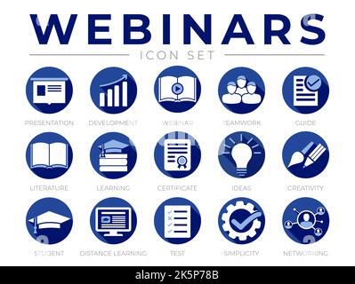 Round Blue Webinar Icon Set. Presentation, Development, Webinars, Networking, Teamwork, Guide, Literature, Learning, Certificate, Ideas, Creativity, D Stock Vector