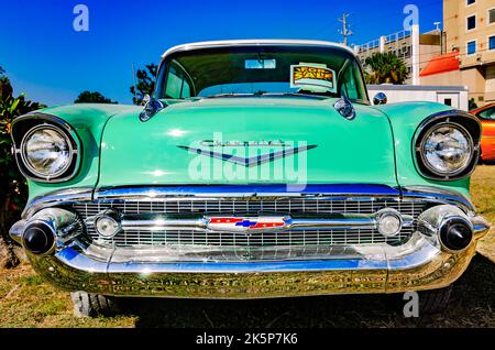 A 1957 Chevrolet Bel Air is displayed on Highway 90 during the 26th annual Cruisin’ the Coast antique car festival in Biloxi, Mississippi. Stock Photo