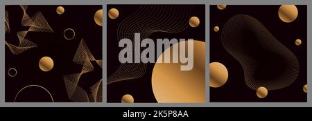 Set of IG social media carousel post background template. Abstract luxury elegant dark banner layout with gold elements. Backdrop for beauty, jewelry Stock Vector