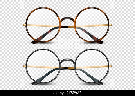 Vector 3d Realistic Leopard, Black Round Frame Glasses Set with Clear Colorless Transparent Glass Isolated, Eyeglasses for Women and Men, Accessory Stock Vector