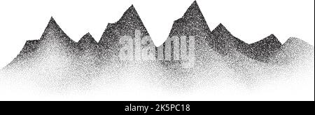 Grain stippled mountains. Dotted landscape and terrain. Black and white grainy hills in dotwork style. Noise stochastic background. Pointillism Stock Vector