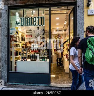 A Bialetti Coffee shop in Como, Italy, Bialetti a known for their Moka Pot Express stovetop expresso maker. Stock Photo