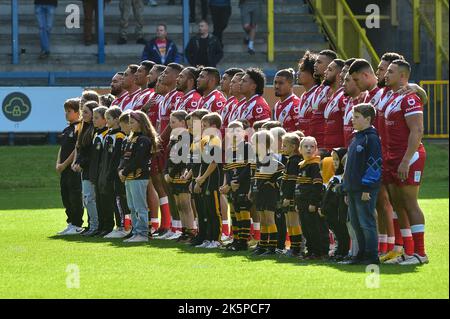 Halifax, England -8th October 2022 - Tonga Team line up for national anthems, Rugby League Pre World Cup International Friendly, Tonga vs France  at The MBI Shay Stadium, Halifax, UK Stock Photo