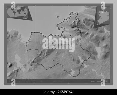 Sligo, county of Ireland. Grayscale elevation map with lakes and rivers. Locations and names of major cities of the region. Corner auxiliary location Stock Photo