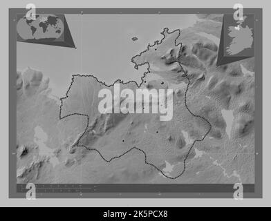 Sligo, county of Ireland. Grayscale elevation map with lakes and rivers. Locations of major cities of the region. Corner auxiliary location maps Stock Photo