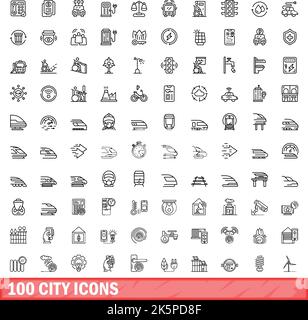 100 city icons set. Outline illustration of 100 city icons vector set isolated on white background Stock Vector