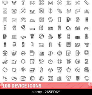 100 device icons set. Outline illustration of 100 device icons vector set isolated on white background Stock Vector
