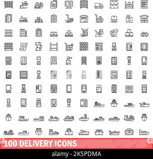 100 delivery icons set. Outline illustration of 100 delivery icons vector set isolated on white background Stock Vector