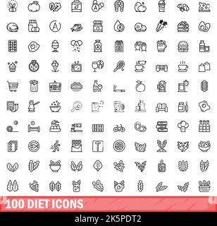 100 diet icons set. Outline illustration of 100 diet icons vector set isolated on white background Stock Vector