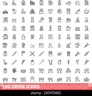 100 drink icons set. Outline illustration of 100 drink icons vector set isolated on white background Stock Vector