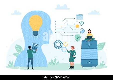 Internet of things, AI technology and software vector illustration. Cartoon tiny people using speakers and voice assistant to interactive control of tech brain and light bulb in abstract human head Stock Vector
