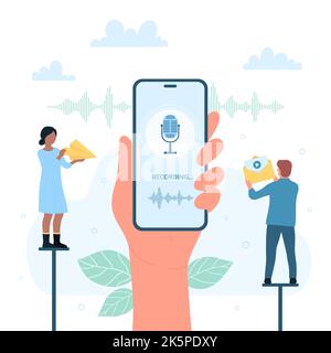 Audio record and voicemail mobile app in phone vector illustration. Cartoon hand holding smartphone with microphone on screen to record voice message, tiny people send mail and SMS with sound Stock Vector