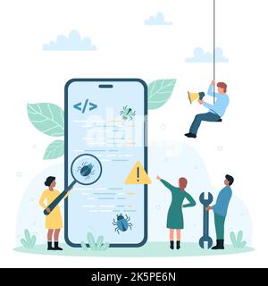 Bug report on phone screen, cyber security vector illustration. Cartoon tiny programmers search software errors with magnifying glass, work with code and debug application, test malware protection Stock Vector