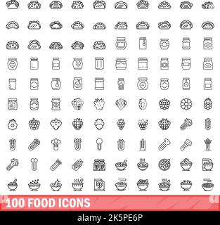 100 food icons set. Outline illustration of 100 food icons vector set isolated on white background Stock Vector