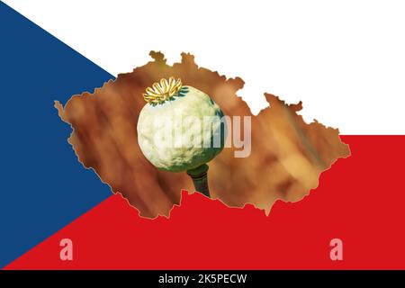 Outline map of the Czech Republic with the image of the national flag. Image of poppy cob inside card. Collage. The Czech Republic is a major poppy pr Stock Photo
