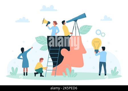 Creative business mindset vector illustration. Cartoon tiny people inside abstract human head of businessman looking ahead through telescope in future, holding light bulb, finding ideas and thinking Stock Vector