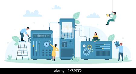 Dashboard performance, business analytics and data analysis vector illustration. Cartoon tiny people measure benchmark results of product with big tools and tech system of electronic devices, Stock Vector