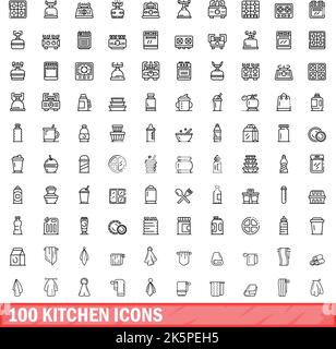 100 kitchen icons set. Outline illustration of 100 kitchen icons vector set isolated on white background Stock Vector