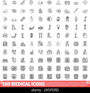 100 medical icons set. Outline illustration of 100 medical icons vector set isolated on white background Stock Vector