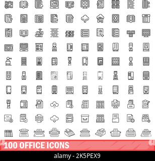 100 office icons set. Outline illustration of 100 office icons vector set isolated on white background Stock Vector