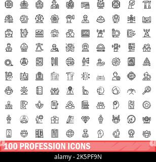 100 profession icons set. Outline illustration of 100 profession icons vector set isolated on white background Stock Vector