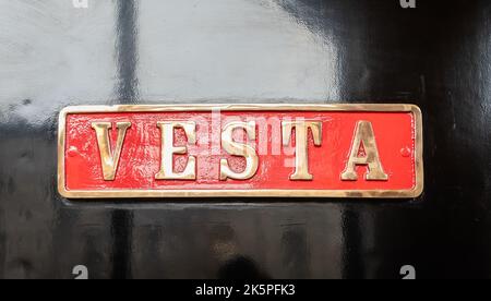 Steam locomotive, 'Vesta' name plate - built by Hudswell Clarke & Co. Ltd., No. 1223, in 1916 on display at Penrhyn Castle Museum, Gwnydd, Wales on 4 Stock Photo