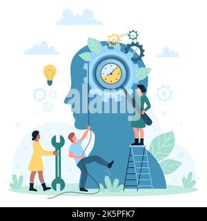 Time management vector illustration. Cartoon tiny people hold rope to push gear machine with clock inside abstract human head, managers study process with magnifying glass and organize office work Stock Vector