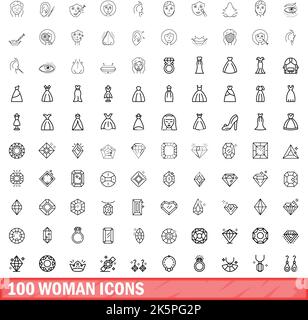 100 woman icons set. Outline illustration of 100 woman icons vector set ...
