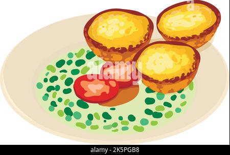 Traditional cuisine icon isometric vector. Small cream cakes, caldo verde soup. Portuguese pastry pastel de nata, national dish Stock Vector