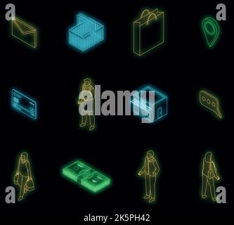 Buyer icons set. Isometric set of buyer vector icons neon color on black Stock Vector