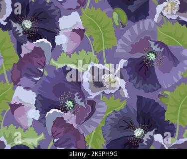 Vector floral seamless pattern. Lilac poppies, green leaves and buds on a purple background. Stock Vector