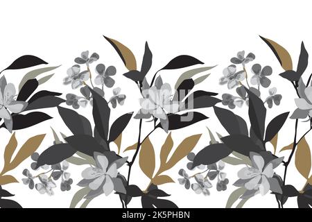Vector floral seamless pattern, border. Horizontal panoramic design with gray, dark gray and brown flowers and leaves on a white background. Stock Vector