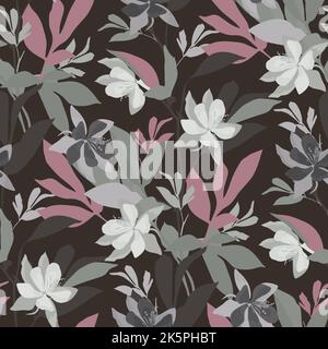 Vector floral seamless pattern. Gray, pink, white flowers, twigs and leaves on a dark brown background.  Stock Vector