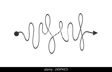 Chaotic line with start point to finish arrow. Complex problem solution icon. Brain working with new idea. Challenge concept. Complexity symbol. Vector outline illustration Stock Vector