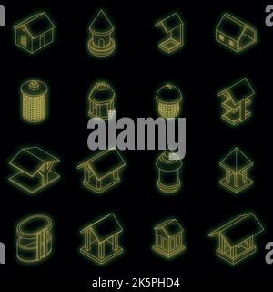 Bird feeders icons set. Isometric set of bird feeders vector icons neon color on black Stock Vector