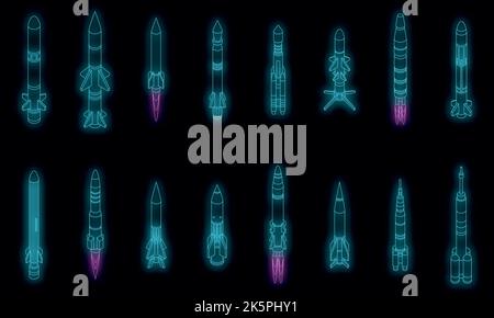 Missile attack icons set. Isometric set of missile attack vector icons neon color on black Stock Vector