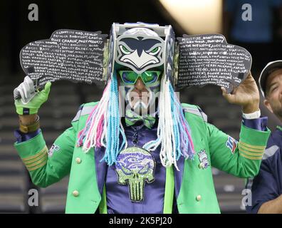 New Orleans, USA. 09th Oct, 2022. A Seattle Seahawks fan pose for a photo during a National Football League Contest at the Caesars Superdome in New Orleans, Louisiana on Sunday, October 9, 2022. (Photo by Peter G. Forest/Sipa USA) Credit: Sipa USA/Alamy Live News Stock Photo