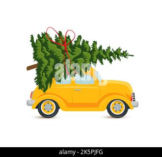 Yellow car with a Christmas tree, a postcard on a white background. Vector, flat style illustration. Stock Vector