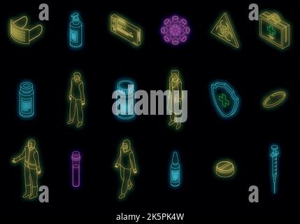 Coronavirus icons set. Isometric set of coronavirus vector icons neon color on black Stock Vector