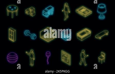 Childrens room icons set. Isometric set of childrens room vector icons neon color on black Stock Vector