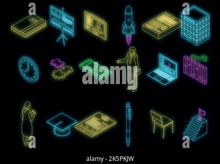 Business training icons set. Isometric set of business training vector icons neon color on black Stock Vector