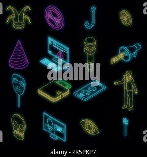 Hoax icons set. Isometric set of hoax vector icons neon color on black Stock Vector