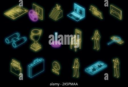Headhunter icons set. Isometric set of headhunter vector icons neon color on black Stock Vector