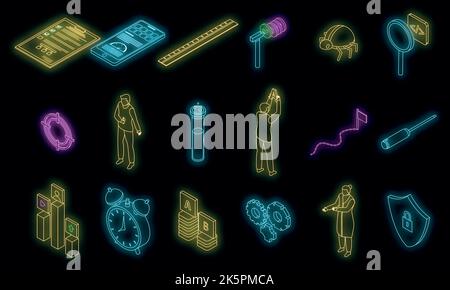 Testing software icons set. Isometric set of testing software vector icons neon color on black Stock Vector