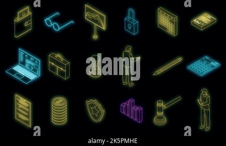 Audit icons set. Isometric set of audit vector icons neon color on black Stock Vector