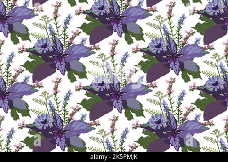 Vector floral seamless pattern. Illustration with zinnias and herbs on a white background. Stock Vector