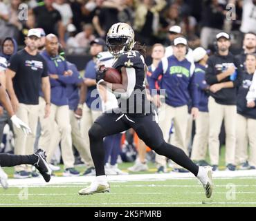 New Orleans, USA. 09th Oct, 2022. New Orleans Saints running back Alvin Kamara (41) rushes for a huge gain during a National Football League Contest at the Caesars Superdome in New Orleans, Louisiana on Sunday, October 9, 2022. (Photo by Peter G. Forest/Sipa USA) Credit: Sipa USA/Alamy Live News Stock Photo