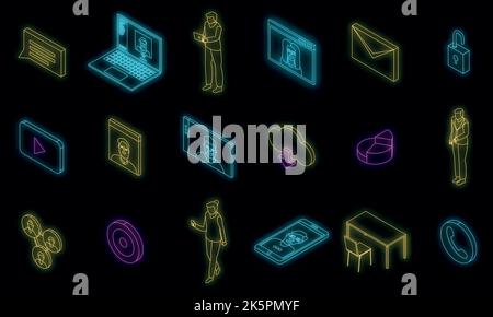 Online meeting icons set. Isometric set of online meeting vector icons neon color on black Stock Vector