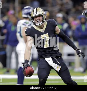 New Orleans, United States. 10th Oct, 2022. New Orleans Saints tight end Taysom Hill (7) celebrates his touchdown run against the Seattle Seahawks at the Caesars Superdome in New Orleans on Sunday, October 9, 2022. Photo by AJ Sisco/UPI. Credit: UPI/Alamy Live News Stock Photo